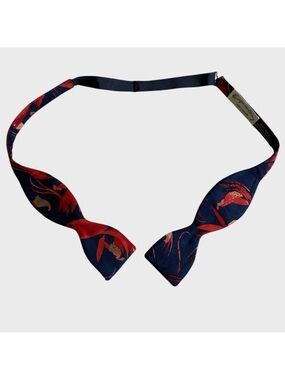 VTG Georgina Von Etzdorf Bird Floral Silk Self Tie Bow Tie Navy Red England RARE
